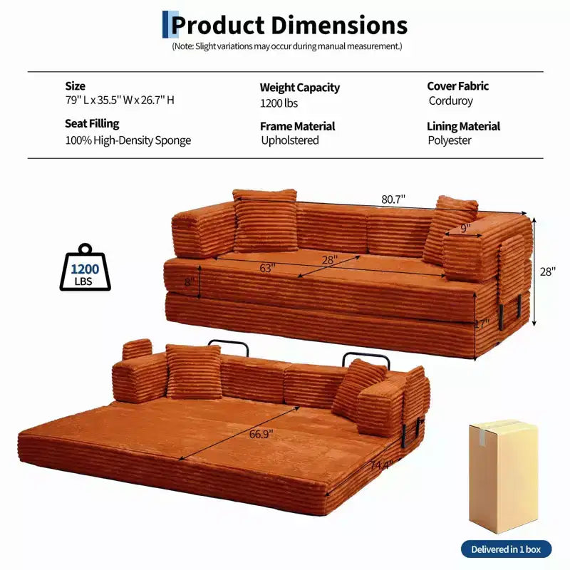 Canapé-lit convertible 5-en-1 de 205 cm (80,7 po) – Velours côtelé, 544 kg (1200 lb), sans assemblage