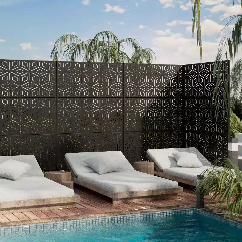 Paravent à 3 panneaux avec motif géométrique – Acier galvanisé noir