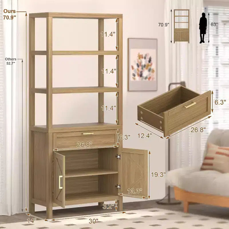71" Tall Bookshelf Storage with Cabinet and Drawer, 5-Tier Farmhouse Book Shelf with Storage Cabinet for Bedroom, Living Room