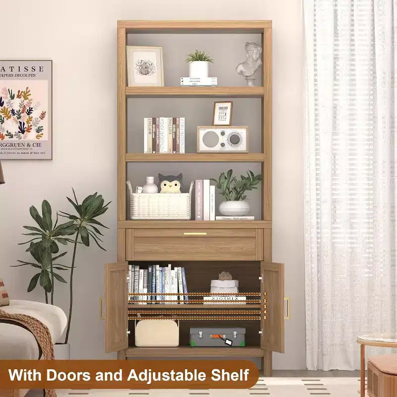 71" Tall Bookshelf Storage with Cabinet and Drawer, 5-Tier Farmhouse Book Shelf with Storage Cabinet for Bedroom, Living Room