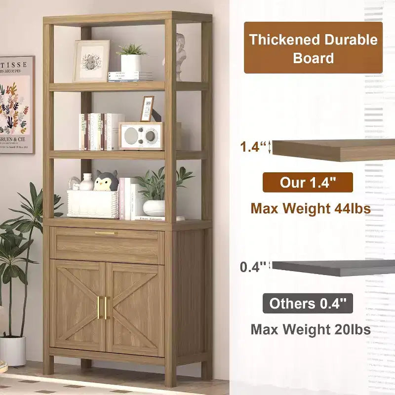 71" Tall Bookshelf Storage with Cabinet and Drawer, 5-Tier Farmhouse Book Shelf with Storage Cabinet for Bedroom, Living Room