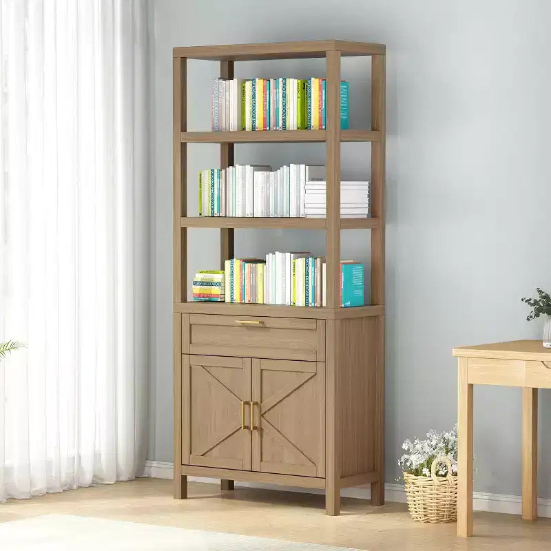 71" Tall Bookshelf Storage with Cabinet and Drawer, 5-Tier Farmhouse Book Shelf with Storage Cabinet for Bedroom, Living Room