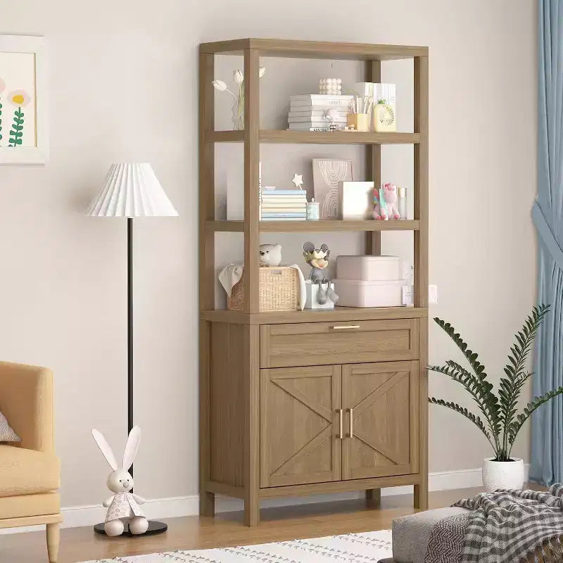 71" Tall Bookshelf Storage with Cabinet and Drawer, 5-Tier Farmhouse Book Shelf with Storage Cabinet for Bedroom, Living Room