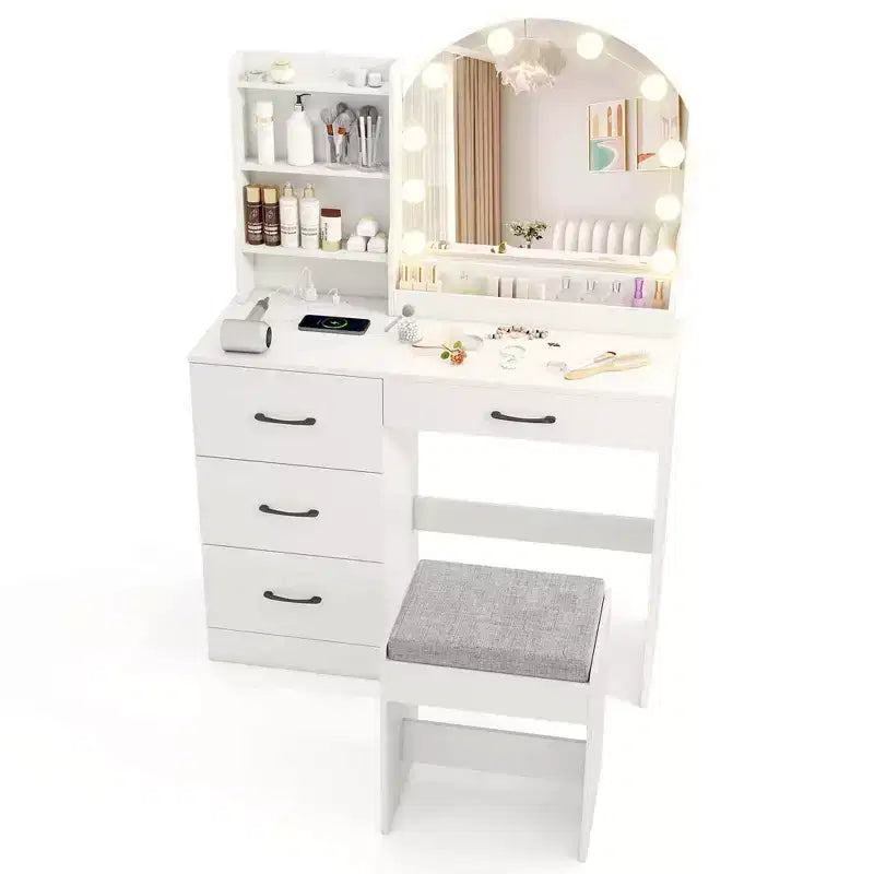 Coiffeuse Costway avec miroir et lumières, table de maquillage et chaise, 4 tiroirs, 3 étagères ouvertes, Noir/Blanc