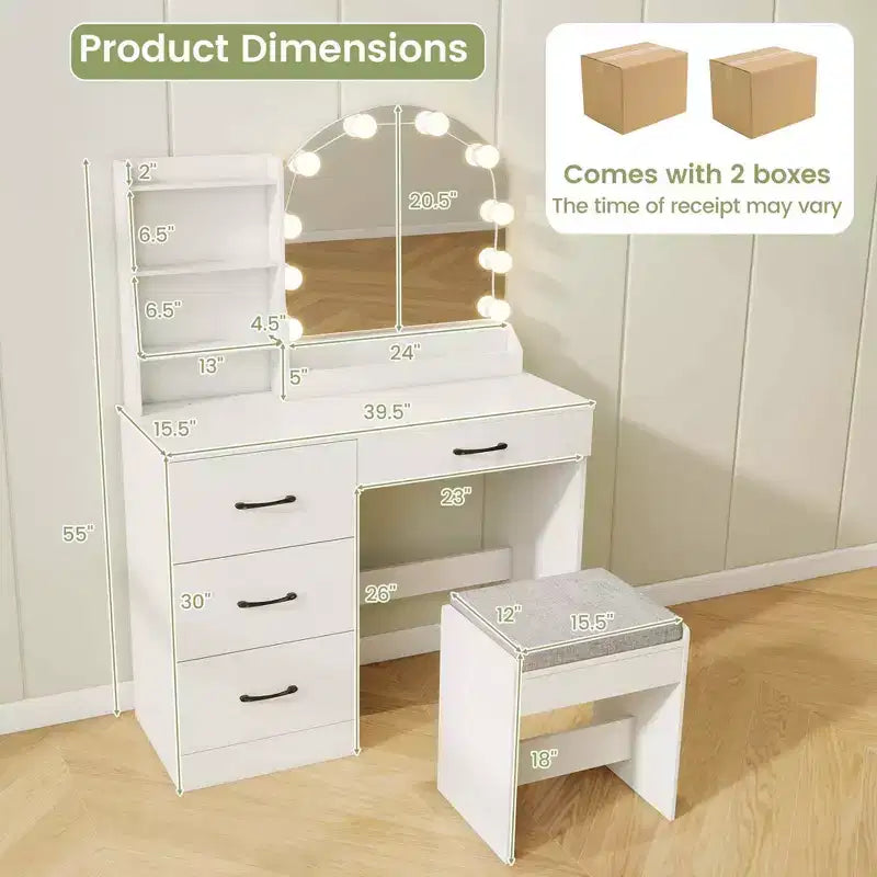 Coiffeuse Costway avec miroir et lumières, table de maquillage et chaise, 4 tiroirs, 3 étagères ouvertes, Noir/Blanc