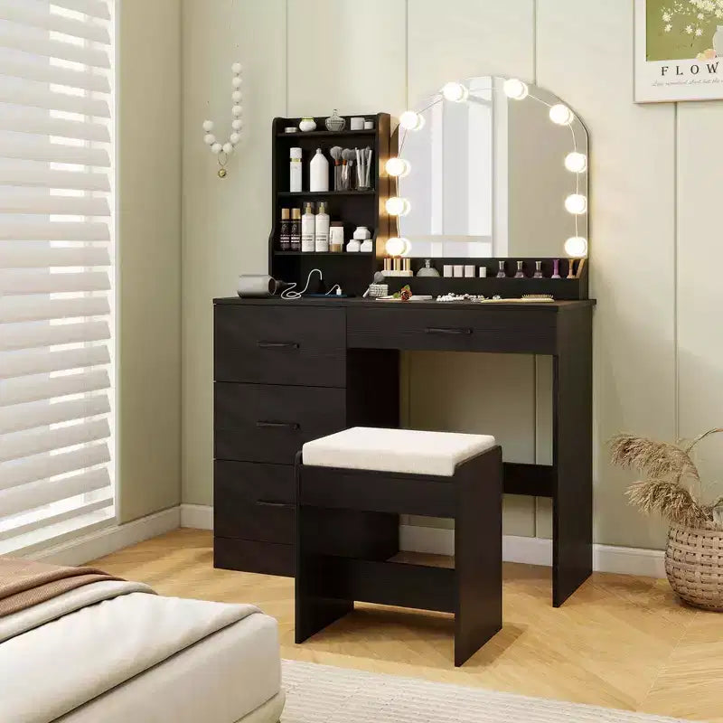 Coiffeuse Costway avec miroir et lumières, table de maquillage et chaise, 4 tiroirs, 3 étagères ouvertes, Noir/Blanc