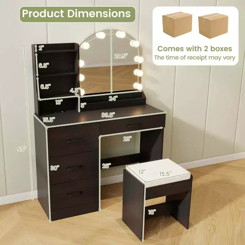 Coiffeuse Costway avec miroir et lumières, table de maquillage et chaise, 4 tiroirs, 3 étagères ouvertes, Noir/Blanc
