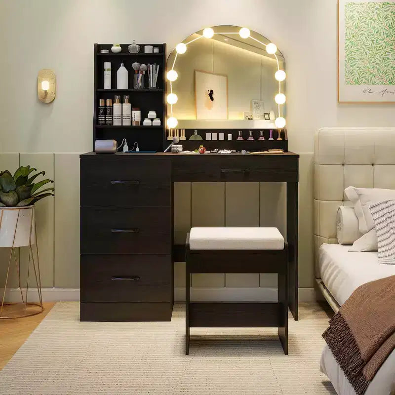 Coiffeuse Costway avec miroir et lumières, table de maquillage et chaise, 4 tiroirs, 3 étagères ouvertes, Noir/Blanc