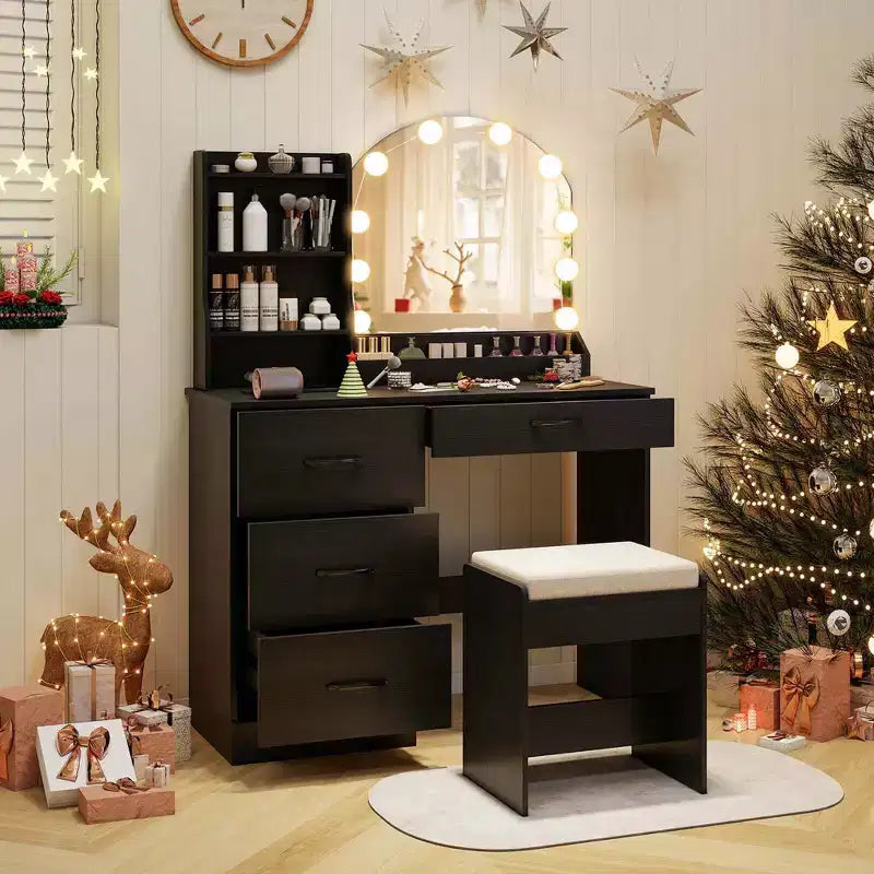 Coiffeuse Costway avec miroir et lumières, table de maquillage et chaise, 4 tiroirs, 3 étagères ouvertes, Noir/Blanc