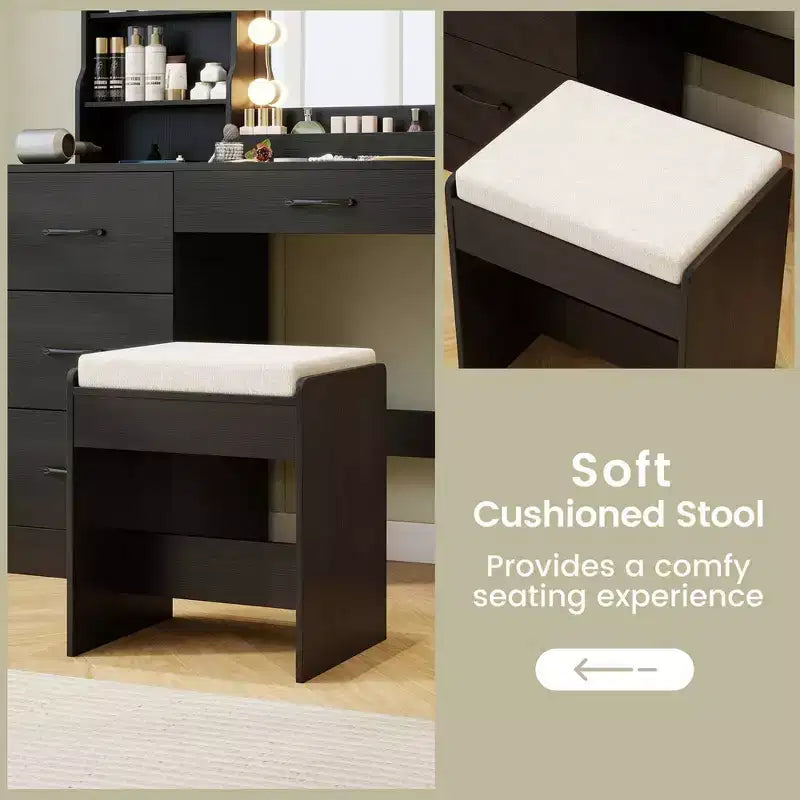 Coiffeuse Costway avec miroir et lumières, table de maquillage et chaise, 4 tiroirs, 3 étagères ouvertes, Noir/Blanc