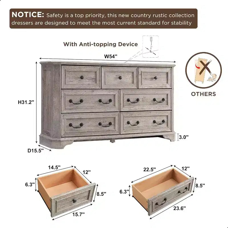 54" 7-Drawer Dresser for Bedroom, Vintage Rustic Wide Chest of Drawers for Living Room & Hallway