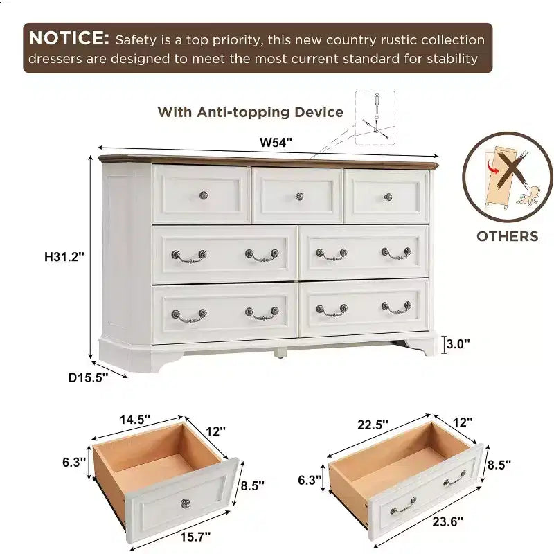 54" 7-Drawer Dresser for Bedroom, Vintage Rustic Wide Chest of Drawers for Living Room & Hallway