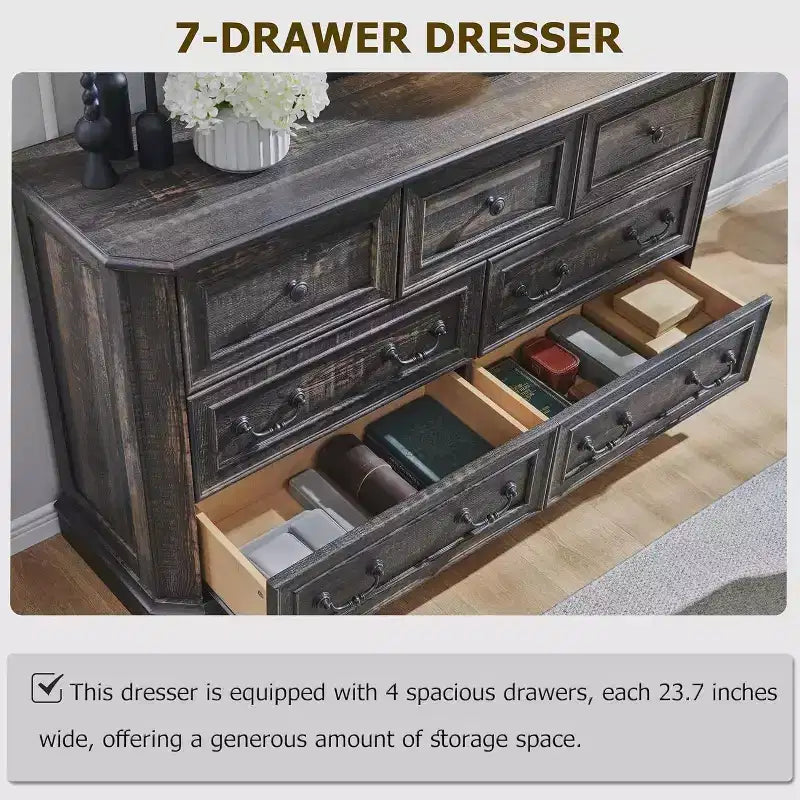 54" 7-Drawer Dresser for Bedroom, Vintage Rustic Wide Chest of Drawers for Living Room & Hallway