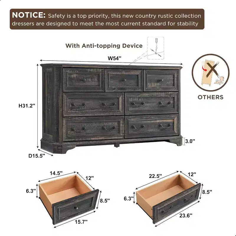 54" 7-Drawer Dresser for Bedroom, Vintage Rustic Wide Chest of Drawers for Living Room & Hallway