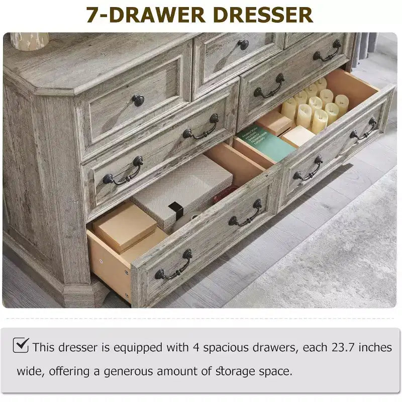 54" 7-Drawer Dresser for Bedroom, Vintage Rustic Wide Chest of Drawers for Living Room & Hallway