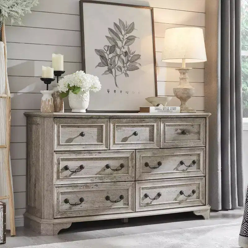 54" 7-Drawer Dresser for Bedroom, Vintage Rustic Wide Chest of Drawers for Living Room & Hallway