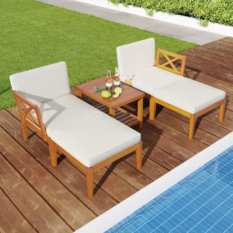 Costway 5 PCS Acacia Wood Patio Chaise Lounge Chair Set with 2-Tier Coffee Table Cushions