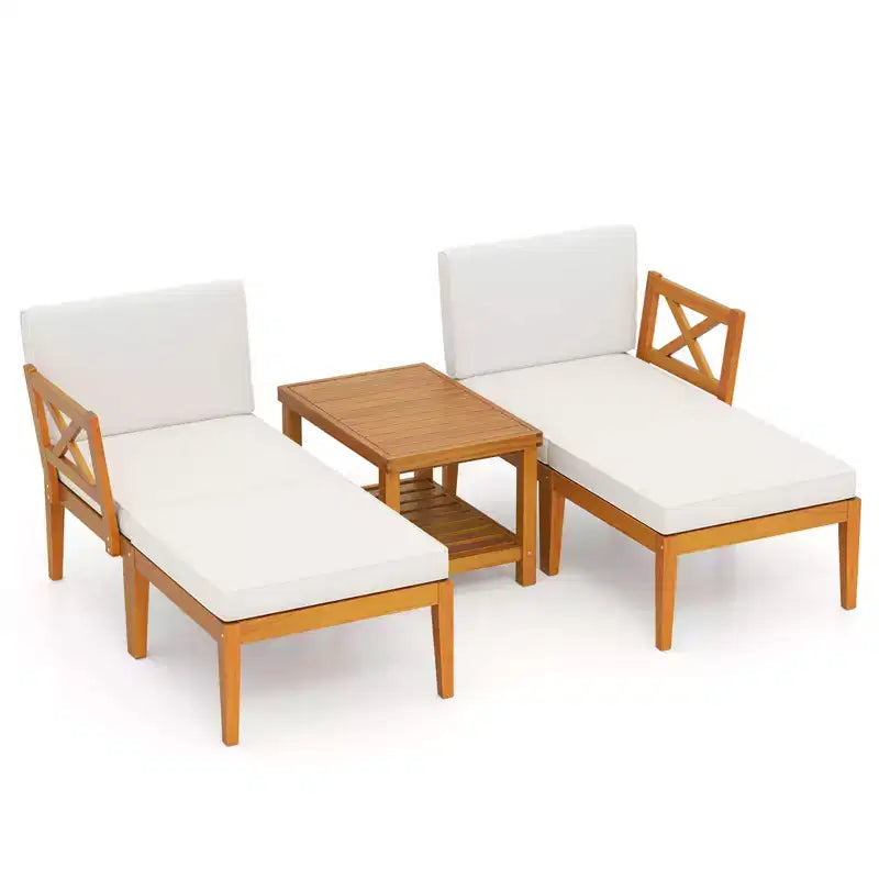Ensemble de 5 chaises longues de patio Costway en bois d'acacia avec table basse à 2 niveaux et coussins