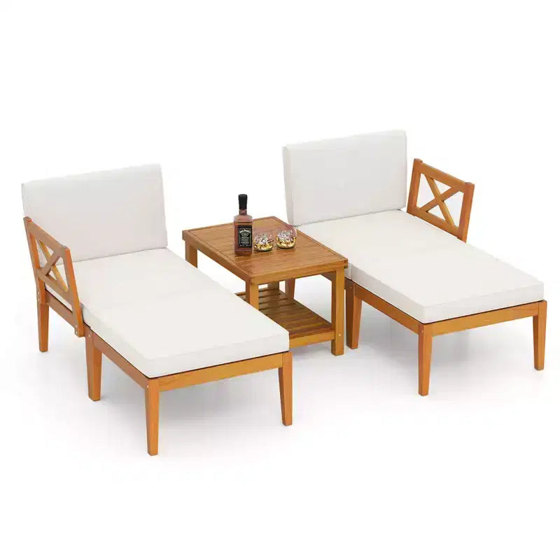 Ensemble de 5 chaises longues de patio Costway en bois d'acacia avec table basse à 2 niveaux et coussins
