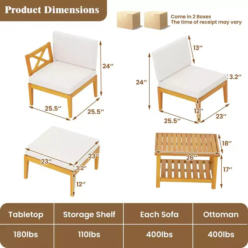 Ensemble de 5 chaises longues de patio Costway en bois d'acacia avec table basse à 2 niveaux et coussins