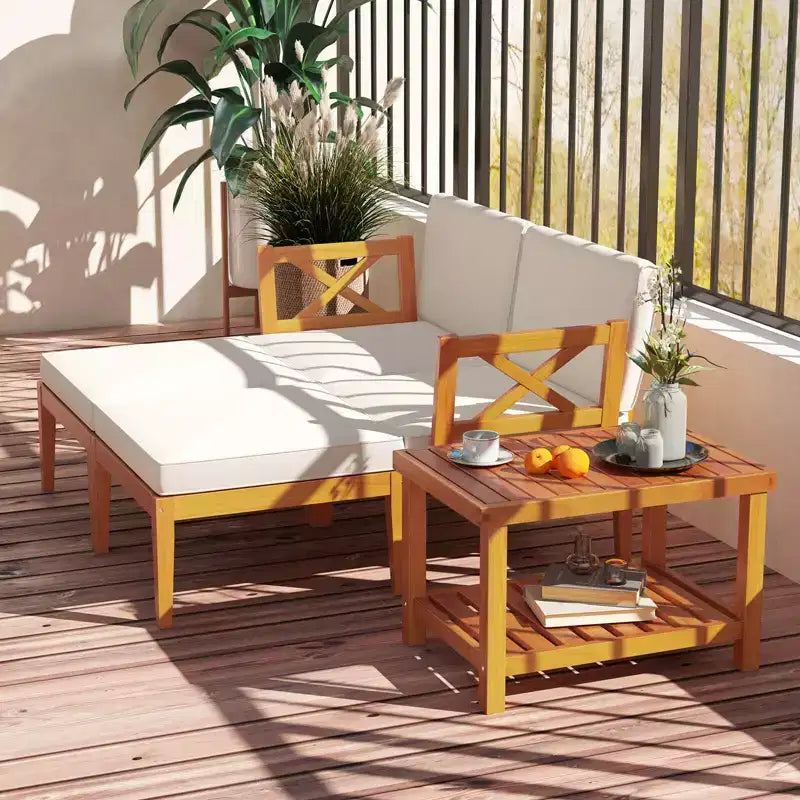 Ensemble de 5 chaises longues de patio Costway en bois d'acacia avec table basse à 2 niveaux et coussins