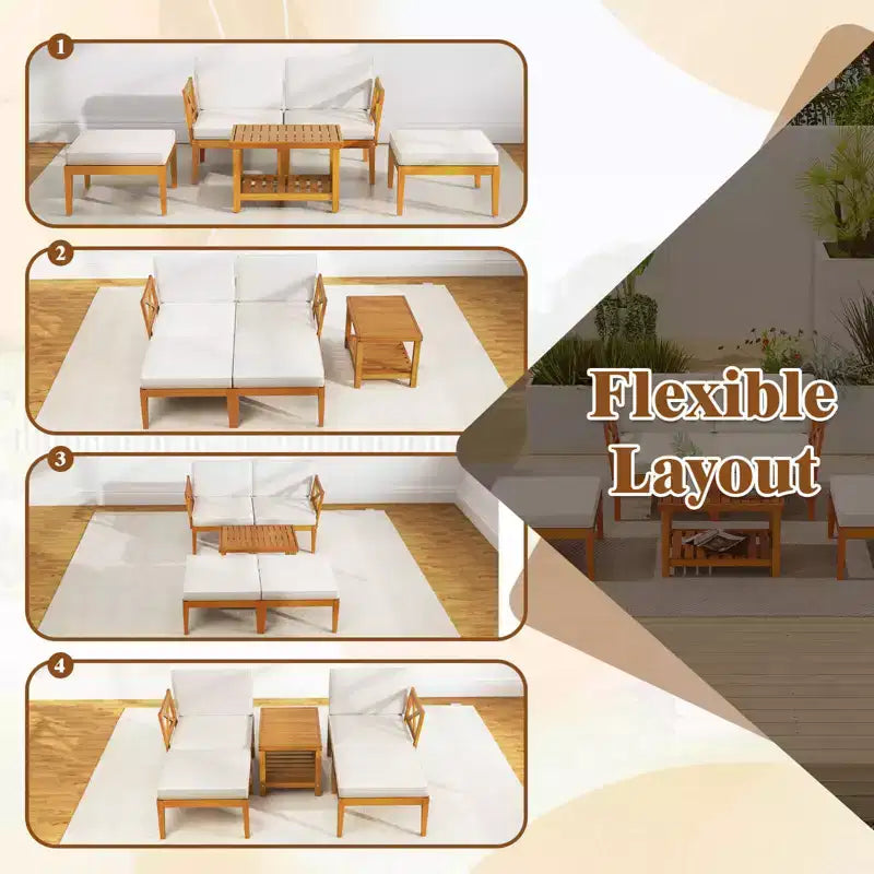Ensemble de 5 chaises longues de patio Costway en bois d'acacia avec table basse à 2 niveaux et coussins