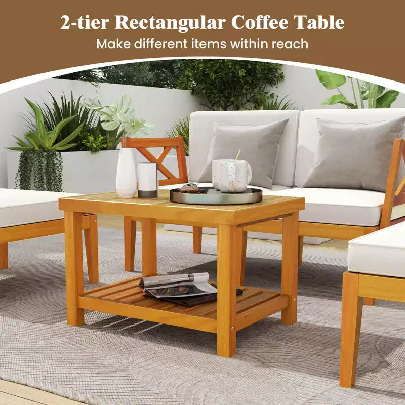 Ensemble de 5 chaises longues de patio Costway en bois d'acacia avec table basse à 2 niveaux et coussins
