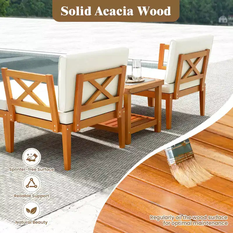 Ensemble de 5 chaises longues de patio Costway en bois d'acacia avec table basse à 2 niveaux et coussins