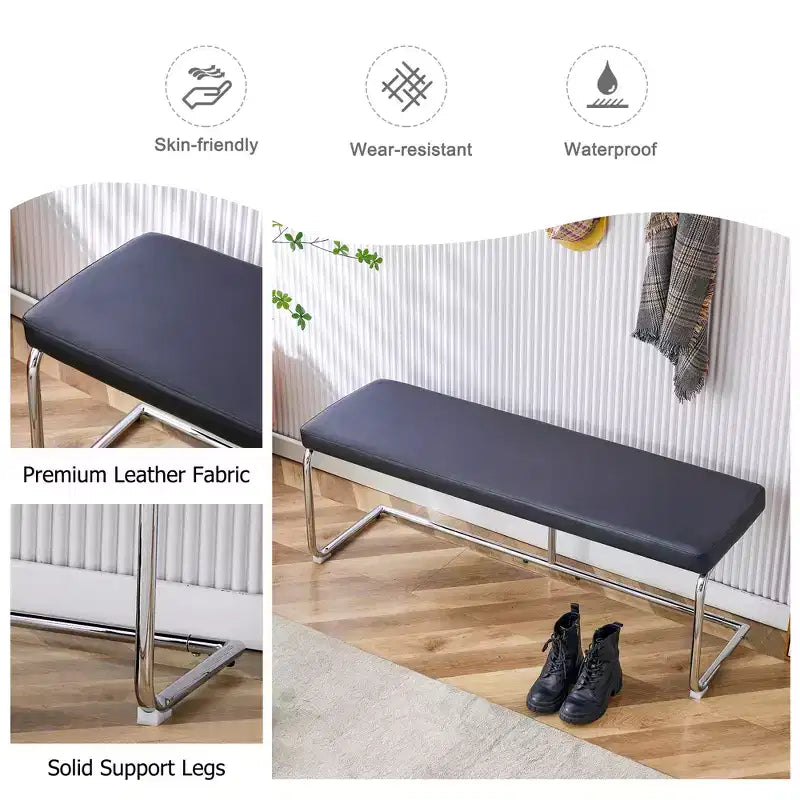 Leather Bench with Silver Metal Legs