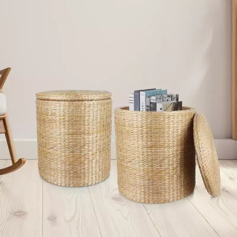 16 Inch Round Storage Ottoman Handwoven Water Hyacinth with Removable Lid Fabric Liner 660 lb Capacity Footstool Side Table Multipurpose