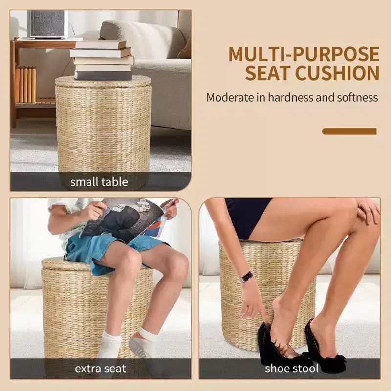 16 Inch Round Storage Ottoman Handwoven Water Hyacinth with Removable Lid Fabric Liner 660 lb Capacity Footstool Side Table Multipurpose