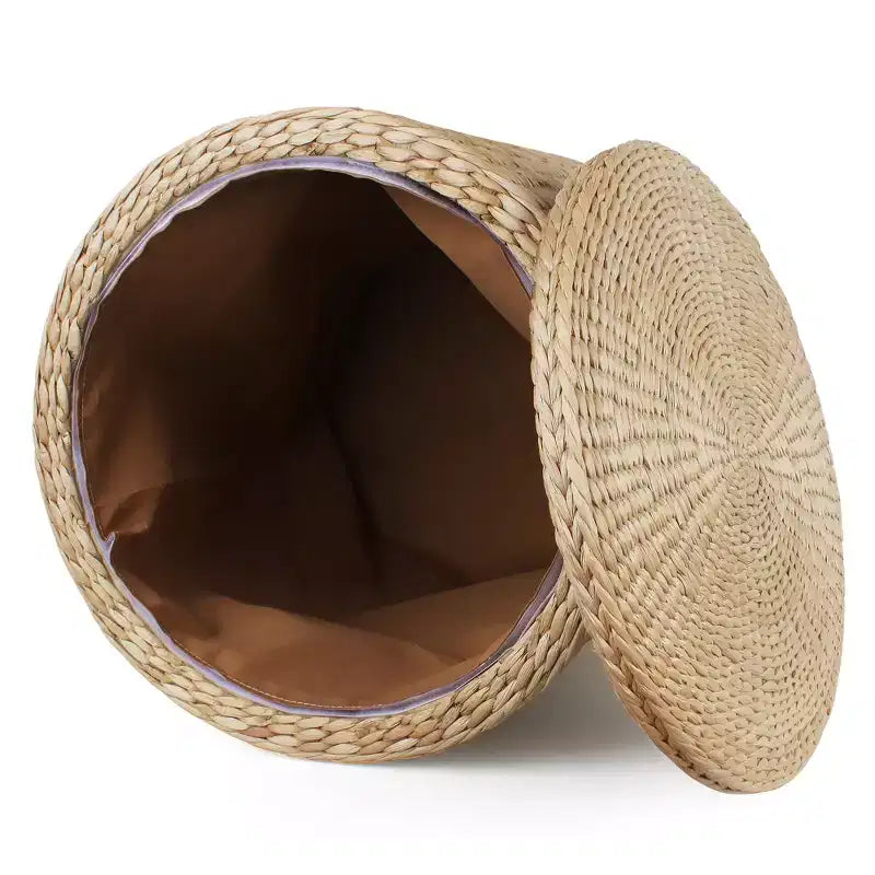 16 Inch Round Storage Ottoman Handwoven Water Hyacinth with Removable Lid Fabric Liner 660 lb Capacity Footstool Side Table Multipurpose