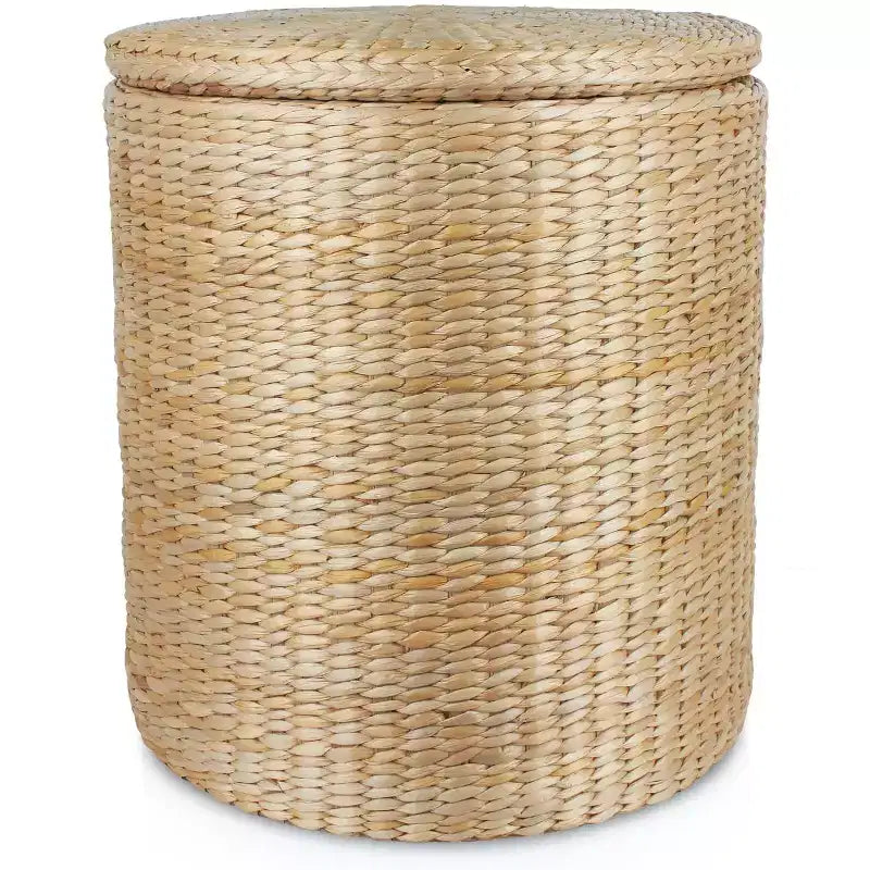 16 Inch Round Storage Ottoman Handwoven Water Hyacinth with Removable Lid Fabric Liner 660 lb Capacity Footstool Side Table Multipurpose