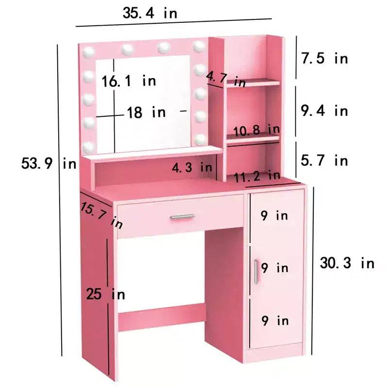 Modern Vanity Desk with Mirror & 3 Modes Light, Dressing Table with Drawer and Three Level Storage Cabinet, Pink