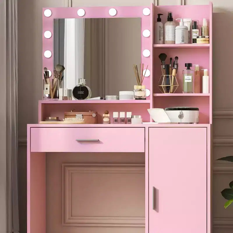 Modern Vanity Desk with Mirror & 3 Modes Light, Dressing Table with Drawer and Three Level Storage Cabinet, Pink