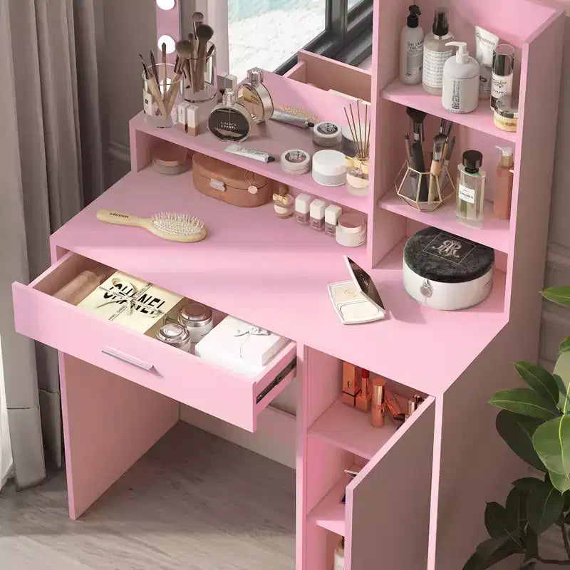 Modern Vanity Desk with Mirror & 3 Modes Light, Dressing Table with Drawer and Three Level Storage Cabinet, Pink