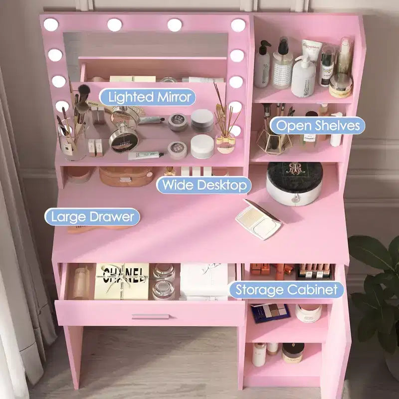 Modern Vanity Desk with Mirror & 3 Modes Light, Dressing Table with Drawer and Three Level Storage Cabinet, Pink
