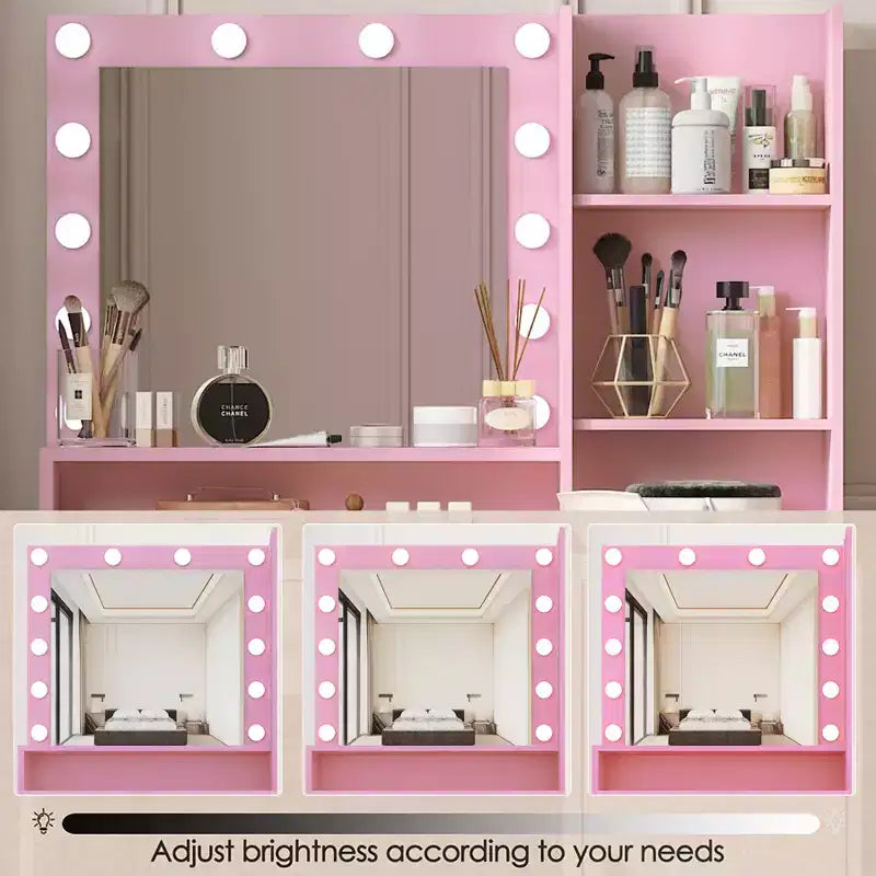 Modern Vanity Desk with Mirror & 3 Modes Light, Dressing Table with Drawer and Three Level Storage Cabinet, Pink