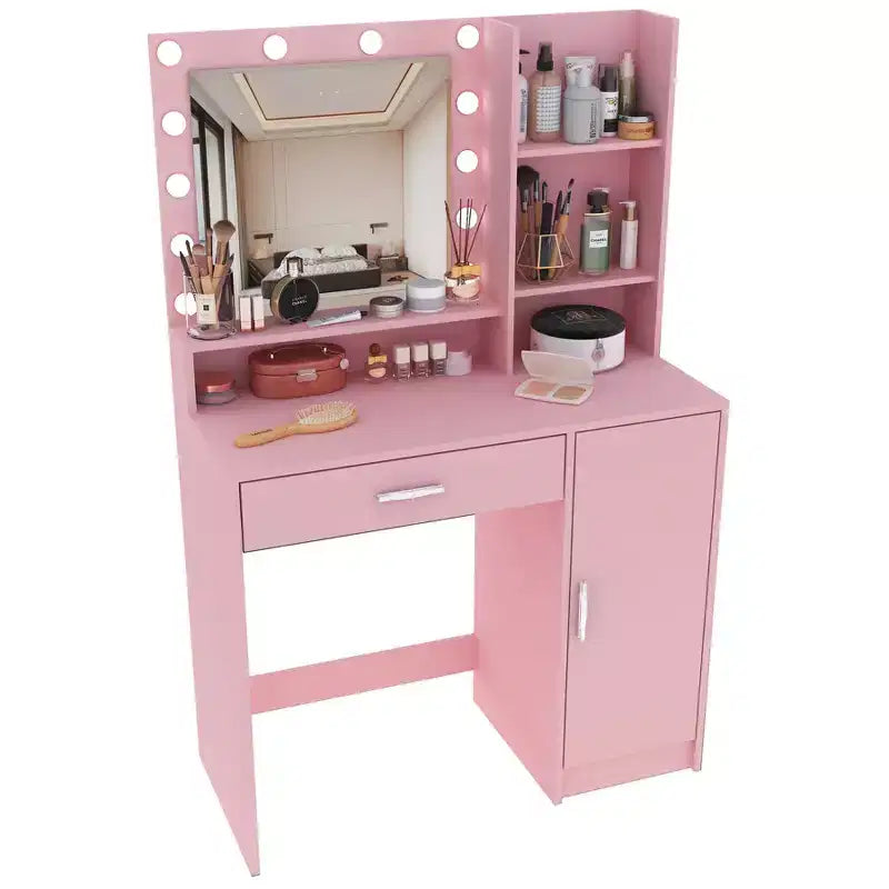 Modern Vanity Desk with Mirror & 3 Modes Light, Dressing Table with Drawer and Three Level Storage Cabinet, Pink