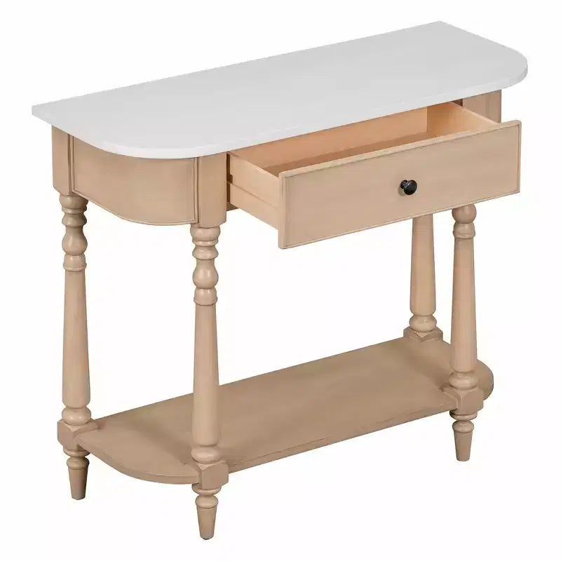 Retro Corner-Curved Console Table with Top Drawer and Open Shelf for Living Room and Entryway