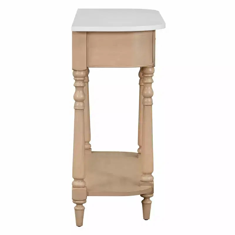 Retro Corner-Curved Console Table with Top Drawer and Open Shelf for Living Room and Entryway