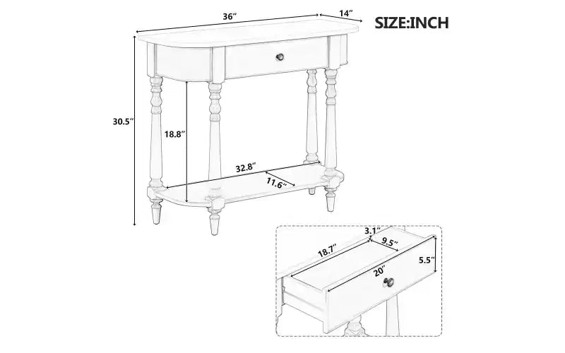 Retro Corner-Curved Console Table with Top Drawer and Open Shelf for Living Room and Entryway