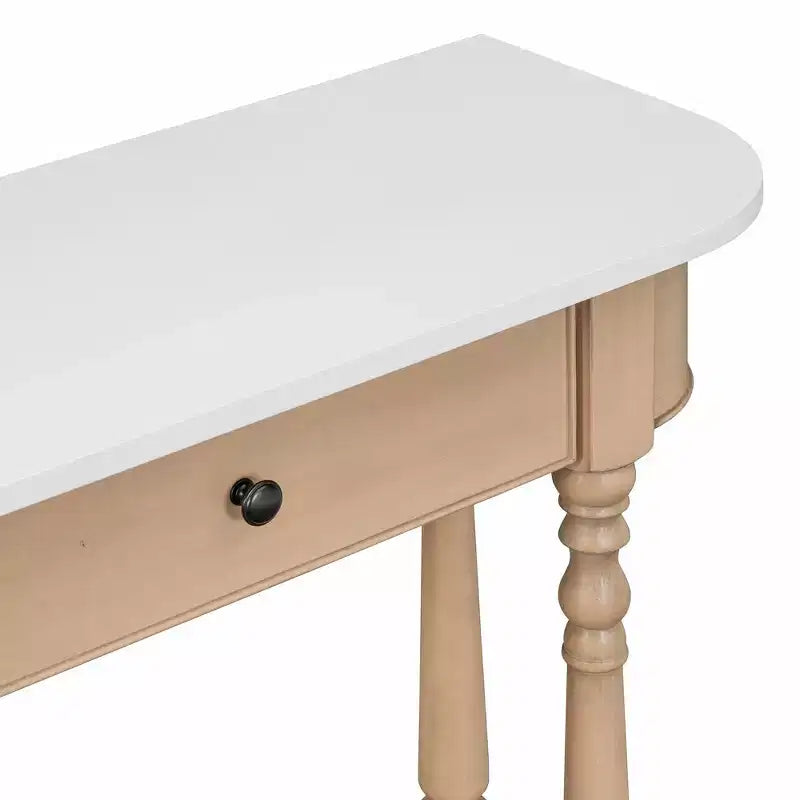Retro Corner-Curved Console Table with Top Drawer and Open Shelf for Living Room and Entryway