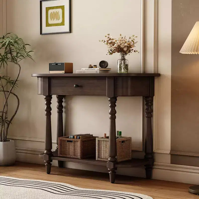 Retro Corner-Curved Console Table with Top Drawer and Open Shelf for Living Room and Entryway