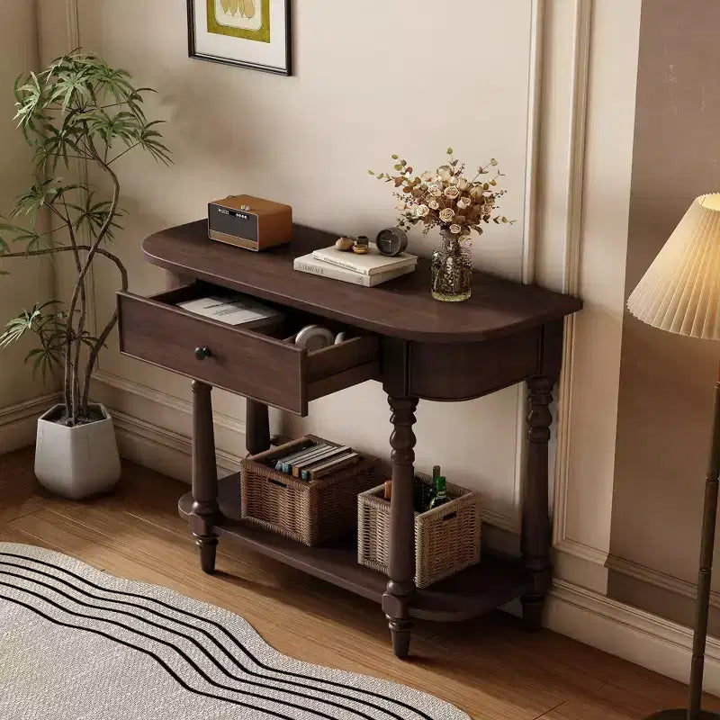 Retro Corner-Curved Console Table with Top Drawer and Open Shelf for Living Room and Entryway