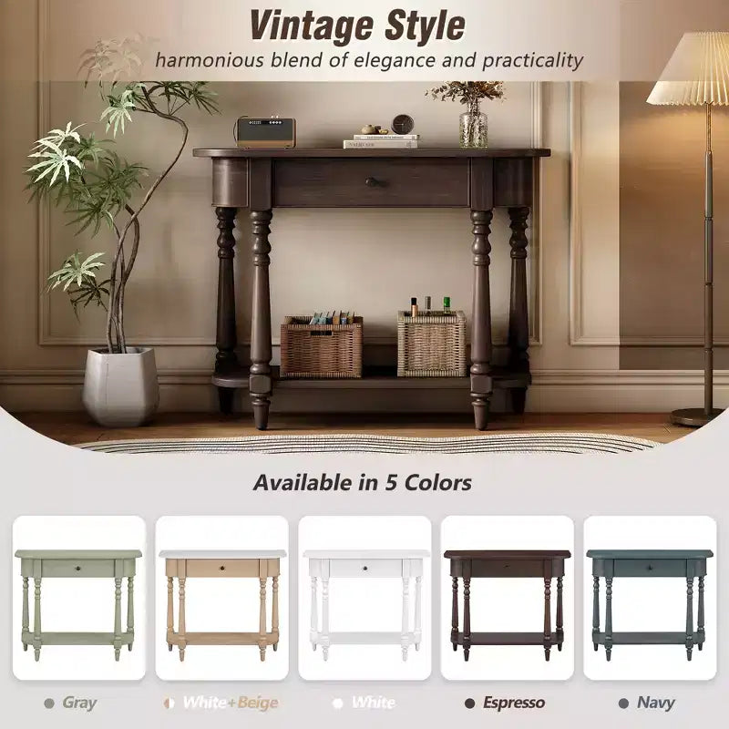 Retro Corner-Curved Console Table with Top Drawer and Open Shelf for Living Room and Entryway