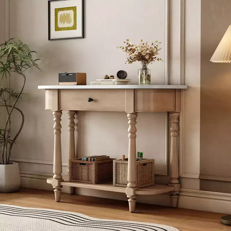 Retro Corner-Curved Console Table with Top Drawer and Open Shelf for Living Room and Entryway