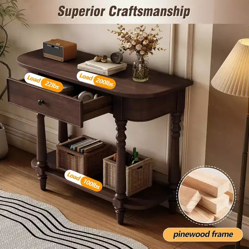 Retro Corner-Curved Console Table with Top Drawer and Open Shelf for Living Room and Entryway