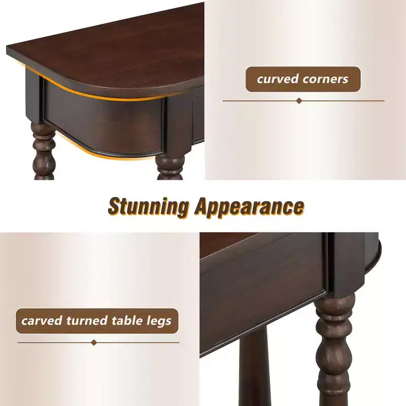 Retro Corner-Curved Console Table with Top Drawer and Open Shelf for Living Room and Entryway