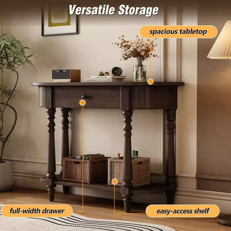 Retro Corner-Curved Console Table with Top Drawer and Open Shelf for Living Room and Entryway